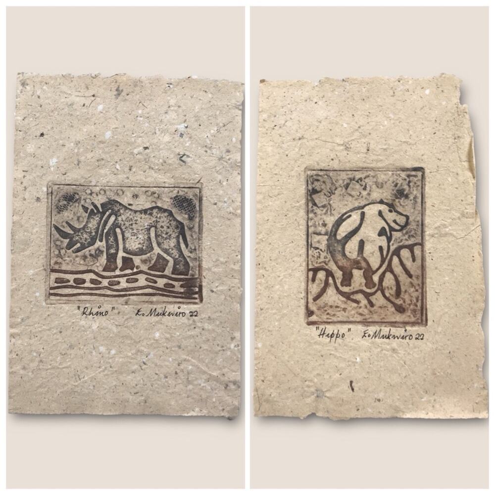 African Animal Print Etchings on Handmade Paper Mukwiro "Rhino" & "Hippo"